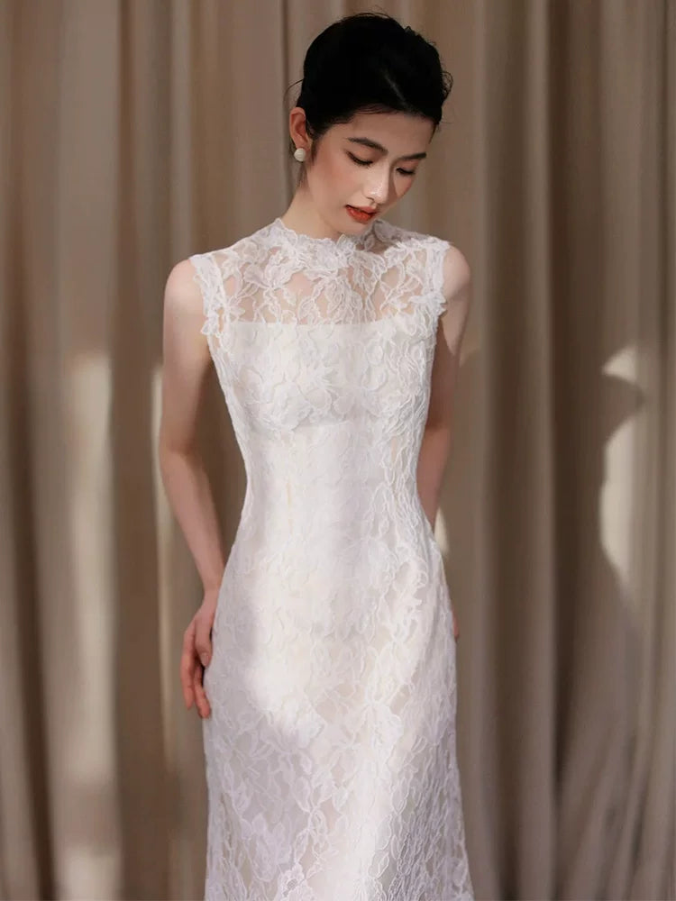 Whimsical Mermaid Lace Wedding Dress Jewel Neck Open Back Bridal Dress AP6820