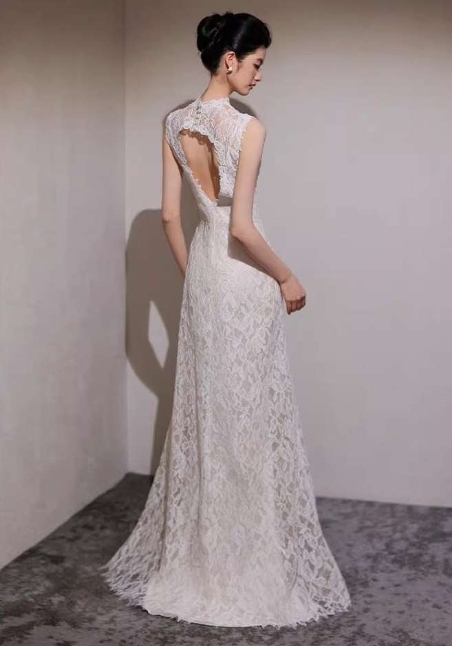 Whimsical Mermaid Lace Wedding Dress Jewel Neck Open Back Bridal Dress AP6820