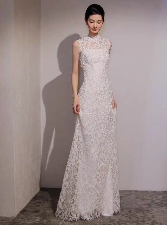 Whimsical Mermaid Lace Wedding Dress Jewel Neck Open Back Bridal Dress AP6820