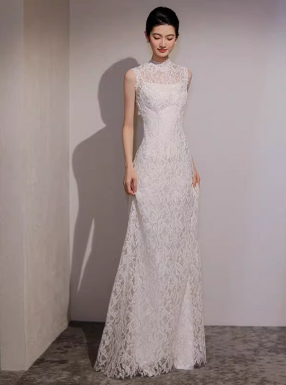 Whimsical Mermaid Lace Wedding Dress Jewel Neck Open Back Bridal Dress AP6820