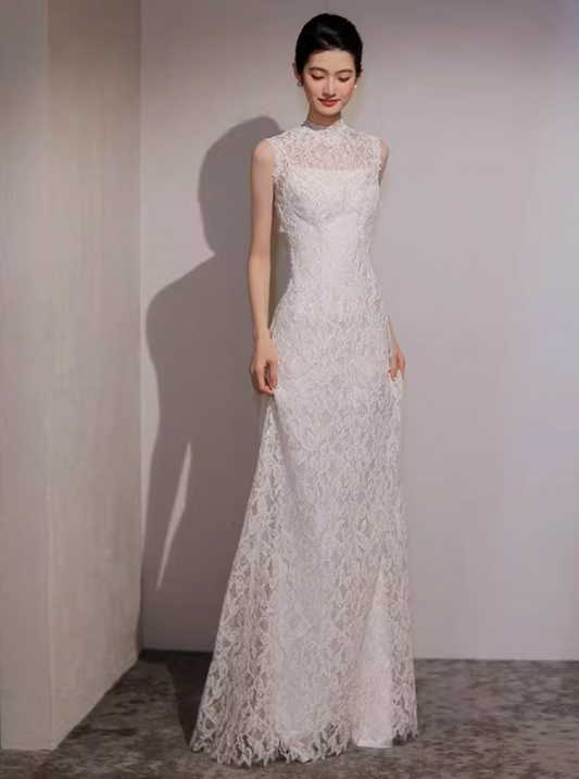Whimsical Mermaid Lace Wedding Dress Jewel Neck Open Back Bridal Dress AP6820
