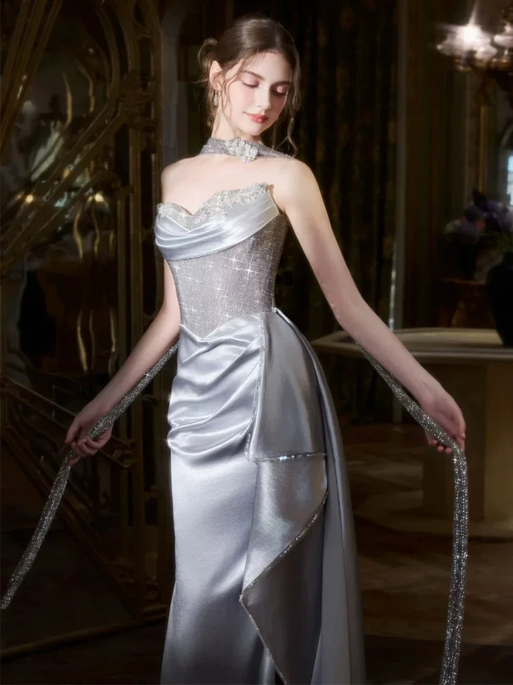Standout Slit Silver Prom Dress Strapless Mermaid Formal Outfit Beading Sequins Evening Dress AP6821