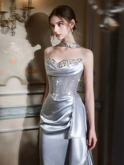 Standout Slit Silver Prom Dress Strapless Mermaid Formal Outfit Beading Sequins Evening Dress AP6821