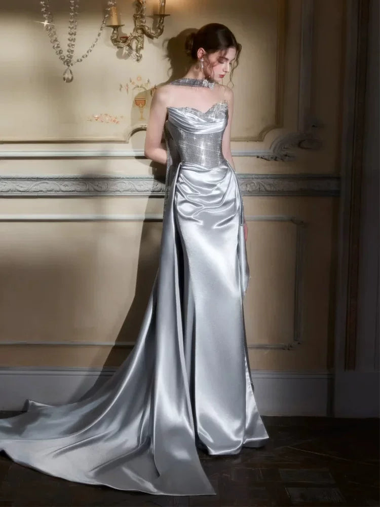 Standout Slit Silver Prom Dress Strapless Mermaid Formal Outfit Beading Sequins Evening Dress AP6821