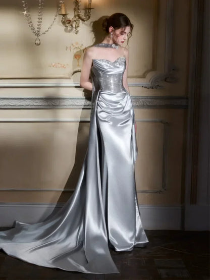 Standout Slit Silver Prom Dress Strapless Mermaid Formal Outfit Beading Sequins Evening Dress AP6821