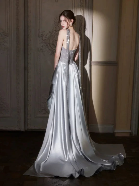Standout Slit Silver Prom Dress Strapless Mermaid Formal Outfit Beading Sequins Evening Dress AP6821