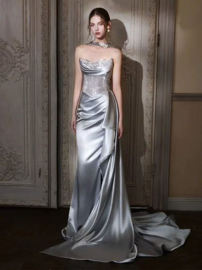 Standout Slit Silver Prom Dress Strapless Mermaid Formal Outfit Beading Sequins Evening Dress AP6821