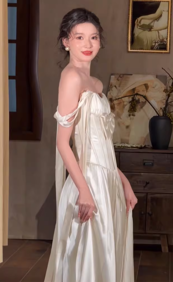 Custom Off-Shoulder Satin Wedding Dress Bow A-Line Bridal Gown AP6822