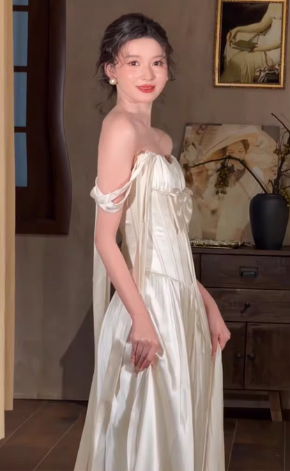Custom Off-Shoulder Satin Wedding Dress Bow A-Line Bridal Gown AP6822