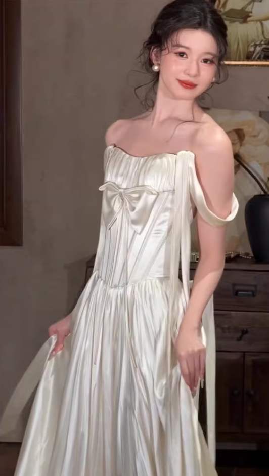 Custom Off-Shoulder Satin Wedding Dress Bow A-Line Bridal Gown AP6822