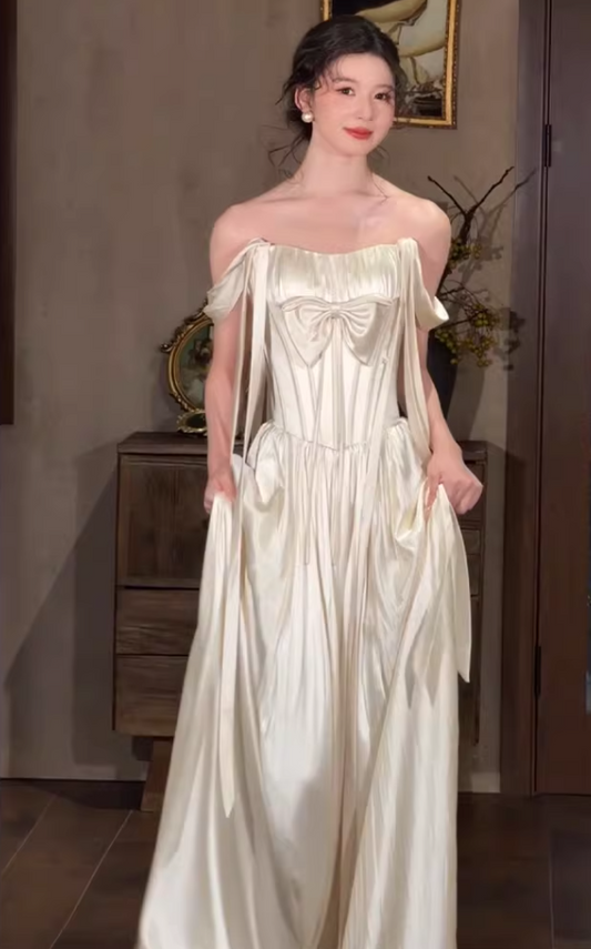 Custom Off-Shoulder Satin Wedding Dress Bow A-Line Bridal Gown AP6822