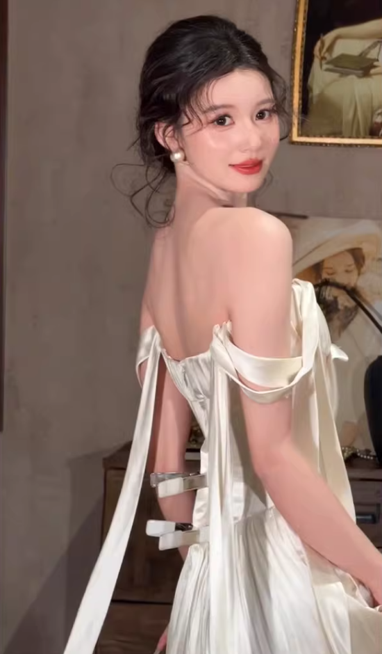Custom Off-Shoulder Satin Wedding Dress Bow A-Line Bridal Gown AP6822
