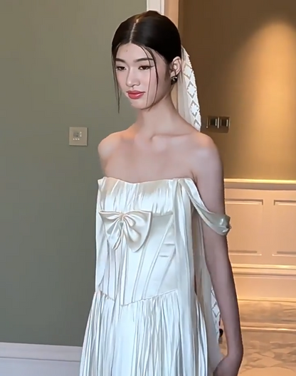 Custom Off-Shoulder Satin Wedding Dress Bow A-Line Bridal Gown AP6822