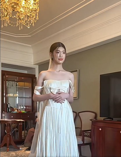 Custom Off-Shoulder Satin Wedding Dress Bow A-Line Bridal Gown AP6822