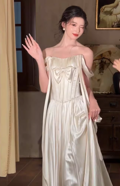 Custom Off-Shoulder Satin Wedding Dress Bow A-Line Bridal Gown AP6822