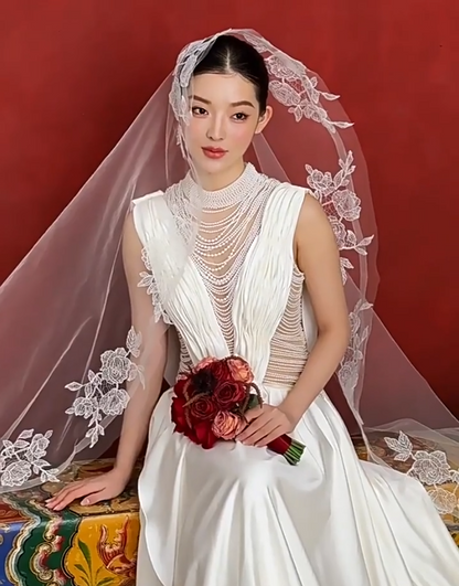 Romantic High Collar Ruffled Wedding Dress Beading A-Line Bridal Gown AP6823