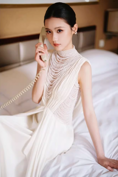 Romantic High Collar Ruffled Wedding Dress Beading A-Line Bridal Gown AP6823