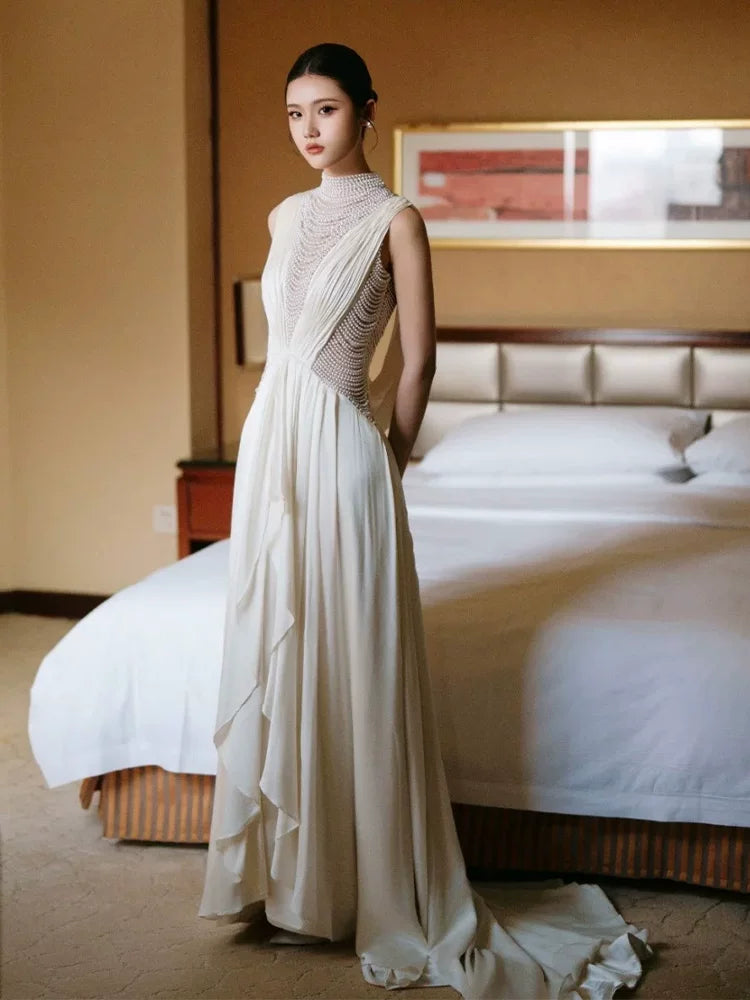 Romantic High Collar Ruffled Wedding Dress Beading A-Line Bridal Gown AP6823