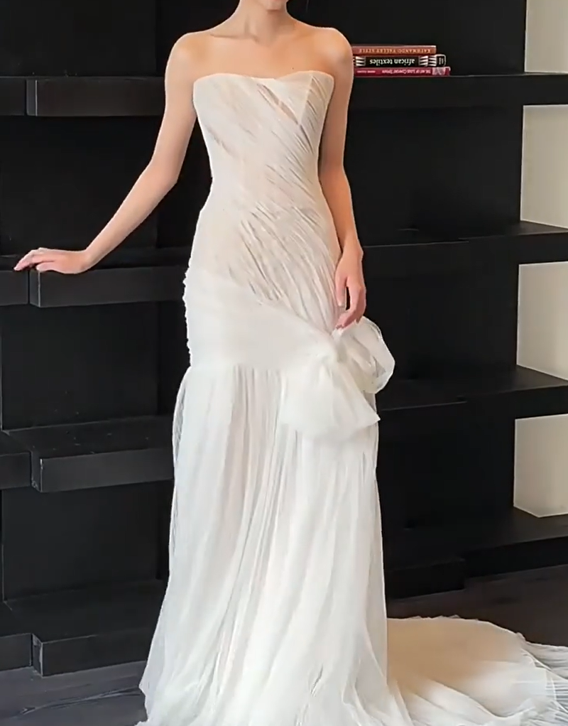 Ornate Strapless Mermaid Wedding Dress Bow Tulle Slit Bridal Dress AP6824