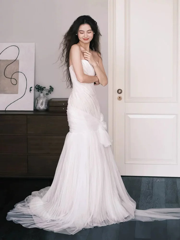 Ornate Strapless Mermaid Wedding Dress Bow Tulle Slit Bridal Dress AP6824