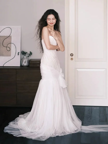 Ornate Strapless Mermaid Wedding Dress Bow Tulle Slit Bridal Dress AP6824