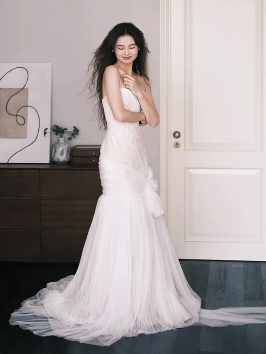 Ornate Strapless Mermaid Wedding Dress Bow Tulle Slit Bridal Dress AP6824