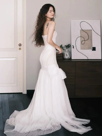 Ornate Strapless Mermaid Wedding Dress Bow Tulle Slit Bridal Dress AP6824