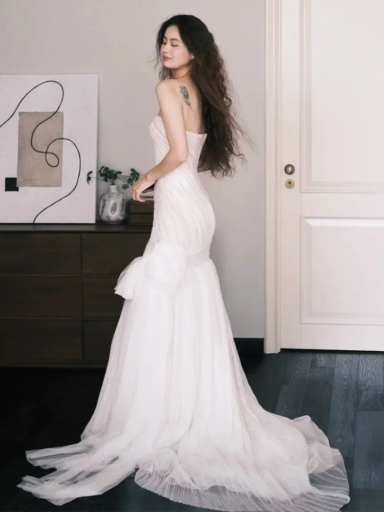 Ornate Strapless Mermaid Wedding Dress Bow Tulle Slit Bridal Dress AP6824