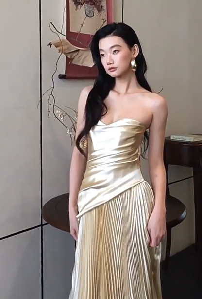Fabulous Gold Prom Dress Strapless A-Line Pleated Evening Dresses AP6825