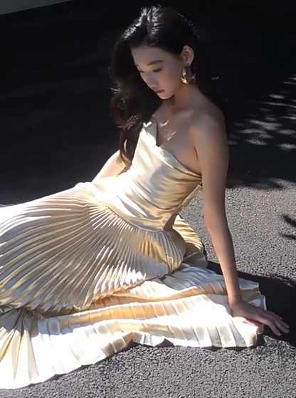 Fabulous Gold Prom Dress Strapless A-Line Pleated Evening Dresses AP6825
