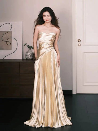 Fabulous Gold Prom Dress Strapless A-Line Pleated Evening Dresses AP6825