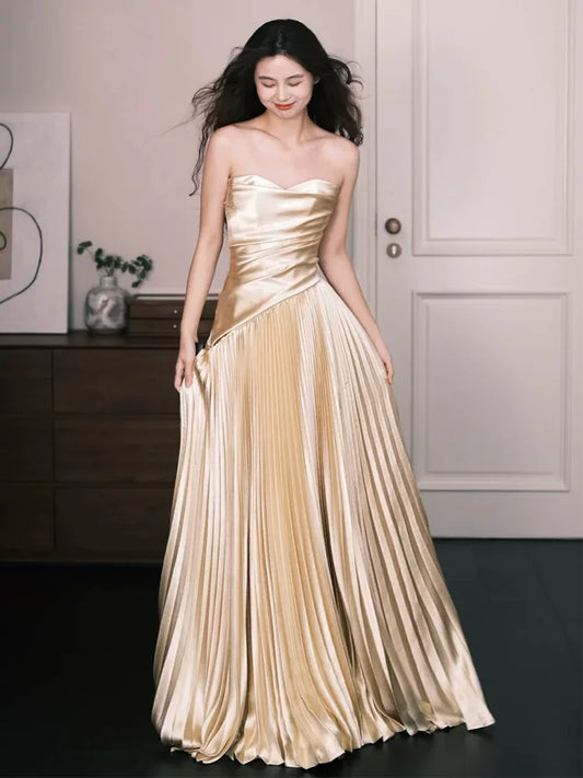 Fabulous Gold Prom Dress Strapless A-Line Pleated Evening Dresses AP6825