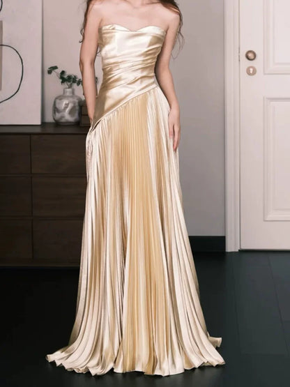 Fabulous Gold Prom Dress Strapless A-Line Pleated Evening Dresses AP6825