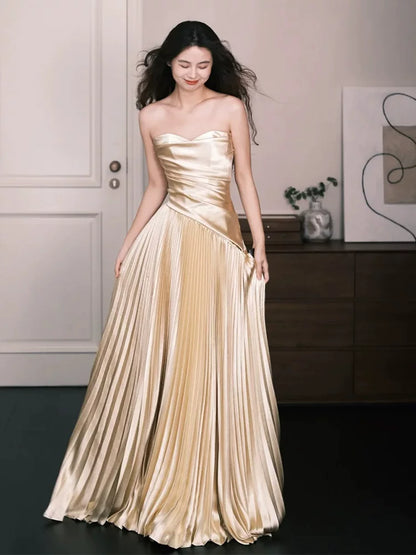 Fabulous Gold Prom Dress Strapless A-Line Pleated Evening Dresses AP6825