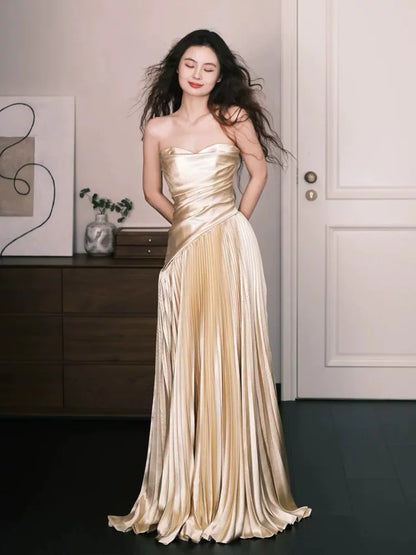 Fabulous Gold Prom Dress Strapless A-Line Pleated Evening Dresses AP6825