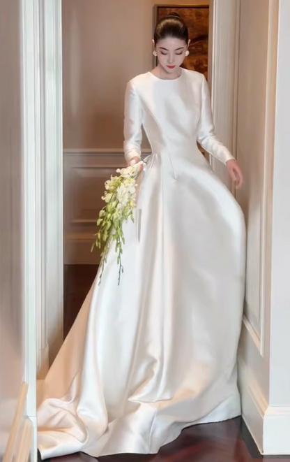Chic Long Sleeve Jewel Neck Wedding Dress Satin A-Line Bridal Gown AP6826