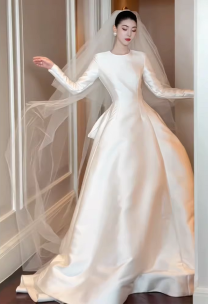 Chic Long Sleeve Jewel Neck Wedding Dress Satin A-Line Bridal Gown AP6826