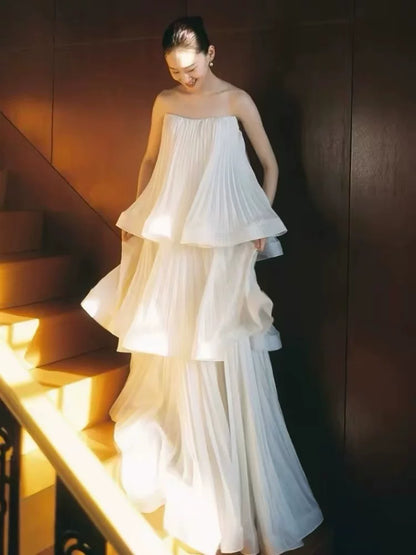 Luxury Strapless A-Line Wedding Dress Tiered Bridal Dress AP6828