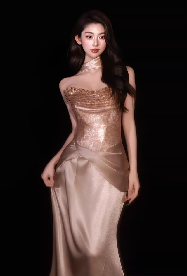 Graceful Strapless Gold Prom Dress With Scarf Mermaid Formal Outfit Sequins Beads Evening Dress AP6829