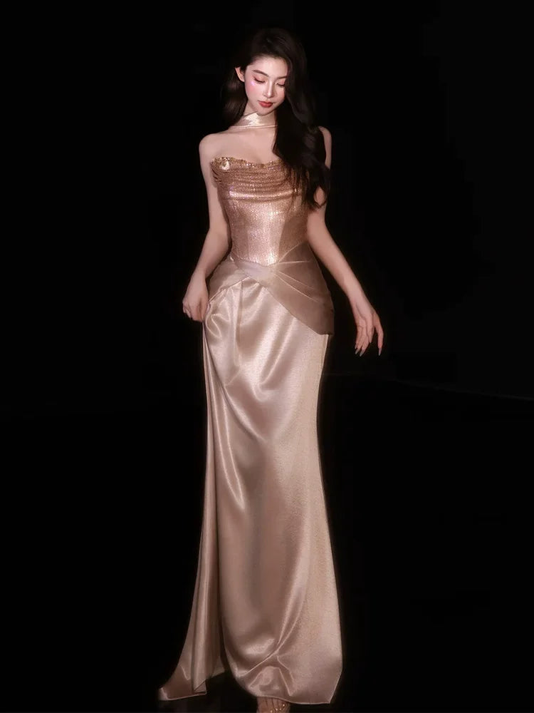 Graceful Strapless Gold Prom Dress With Scarf Mermaid Formal Outfit Sequins Beads Evening Dress AP6829