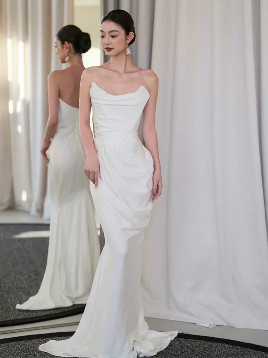 Elegant Strapless Satin Wedding Dress Mermaid Bridal Dress AP6830