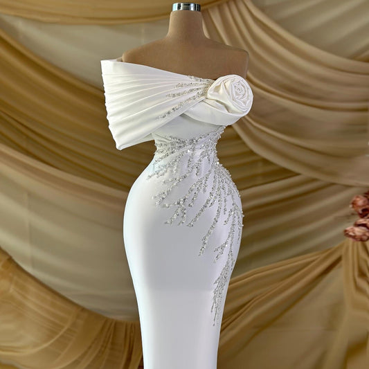 Classical Off-Shoulder Wedding Dress Floral Sheath Bridal Outfit Beads Sequins Bridal Dress AP6831