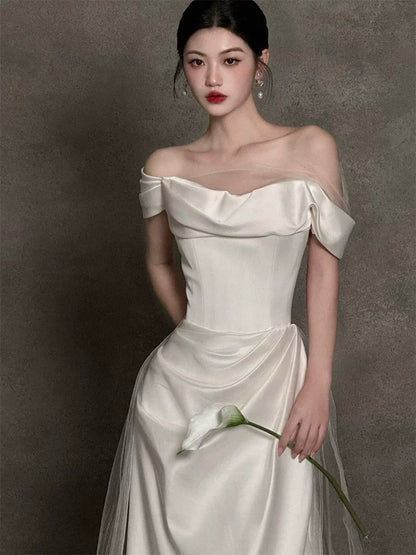 Fantastic Off-Shoulder Slit Wedding Dress Sheath Satin Bridal Outfit Tulle Bridal Dress AP6832