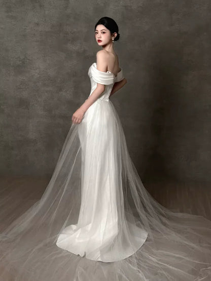 Fantastic Off-Shoulder Slit Wedding Dress Sheath Satin Bridal Outfit Tulle Bridal Dress AP6832