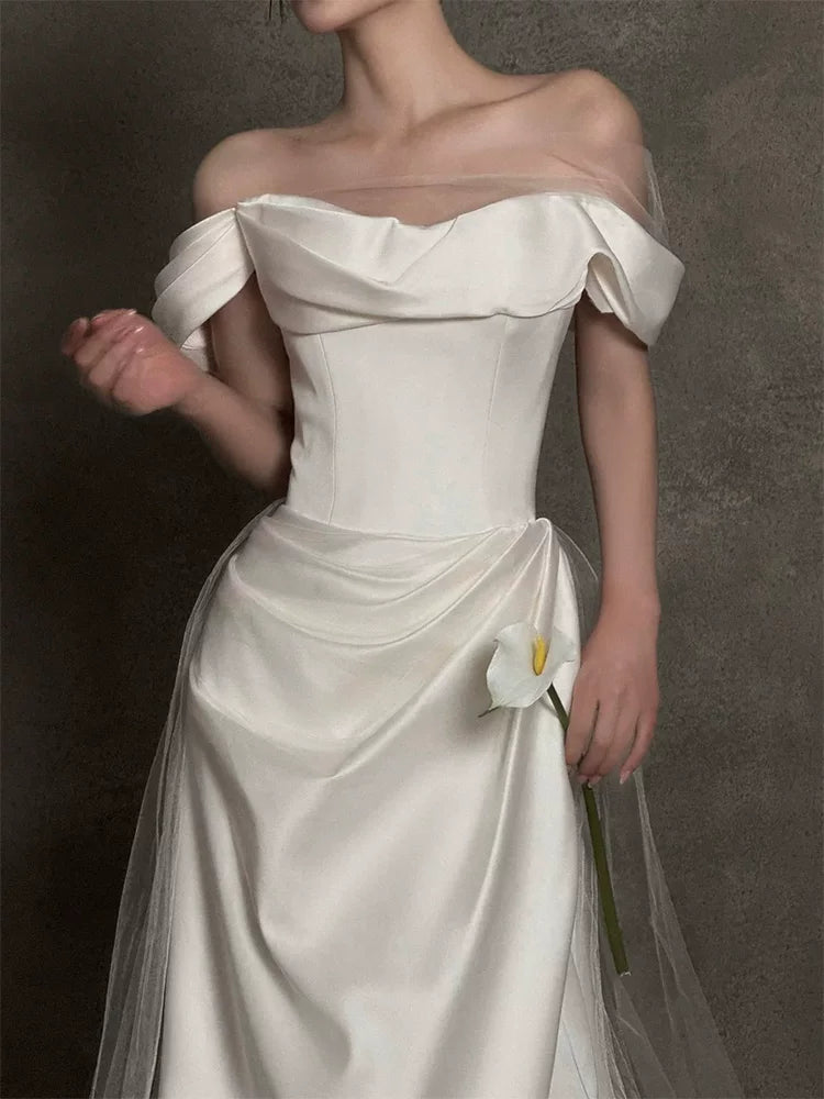 Fantastic Off-Shoulder Slit Wedding Dress Sheath Satin Bridal Outfit Tulle Bridal Dress AP6832