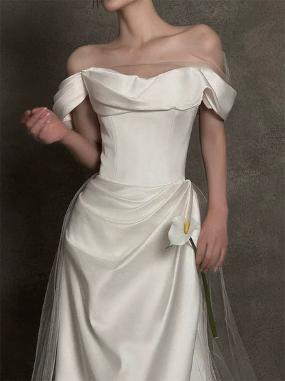 Fantastic Off-Shoulder Slit Wedding Dress Sheath Satin Bridal Outfit Tulle Bridal Dress AP6832