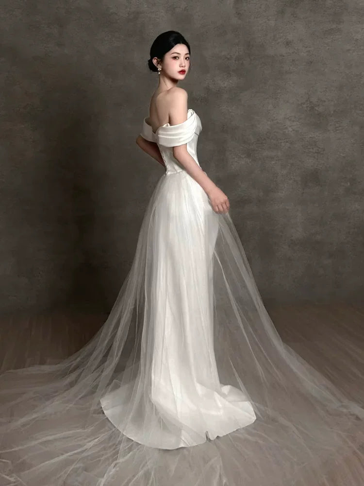 Fantastic Off-Shoulder Slit Wedding Dress Sheath Satin Bridal Outfit Tulle Bridal Dress AP6832