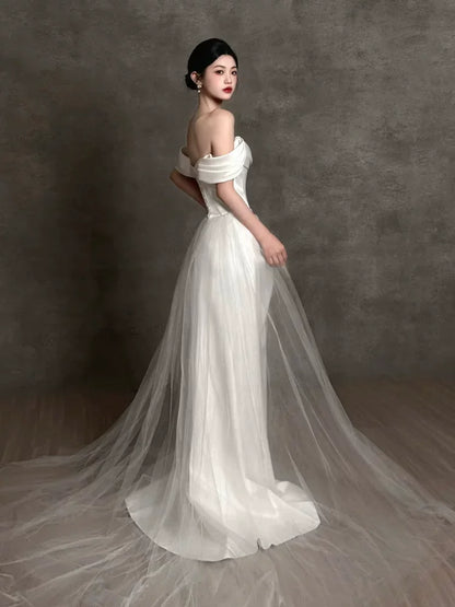 Fantastic Off-Shoulder Slit Wedding Dress Sheath Satin Bridal Outfit Tulle Bridal Dress AP6832