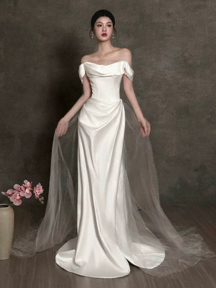 Fantastic Off-Shoulder Slit Wedding Dress Sheath Satin Bridal Outfit Tulle Bridal Dress AP6832