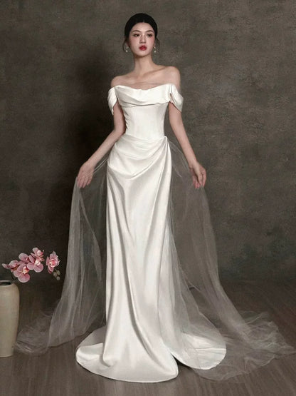 Fantastic Off-Shoulder Slit Wedding Dress Sheath Satin Bridal Outfit Tulle Bridal Dress AP6832